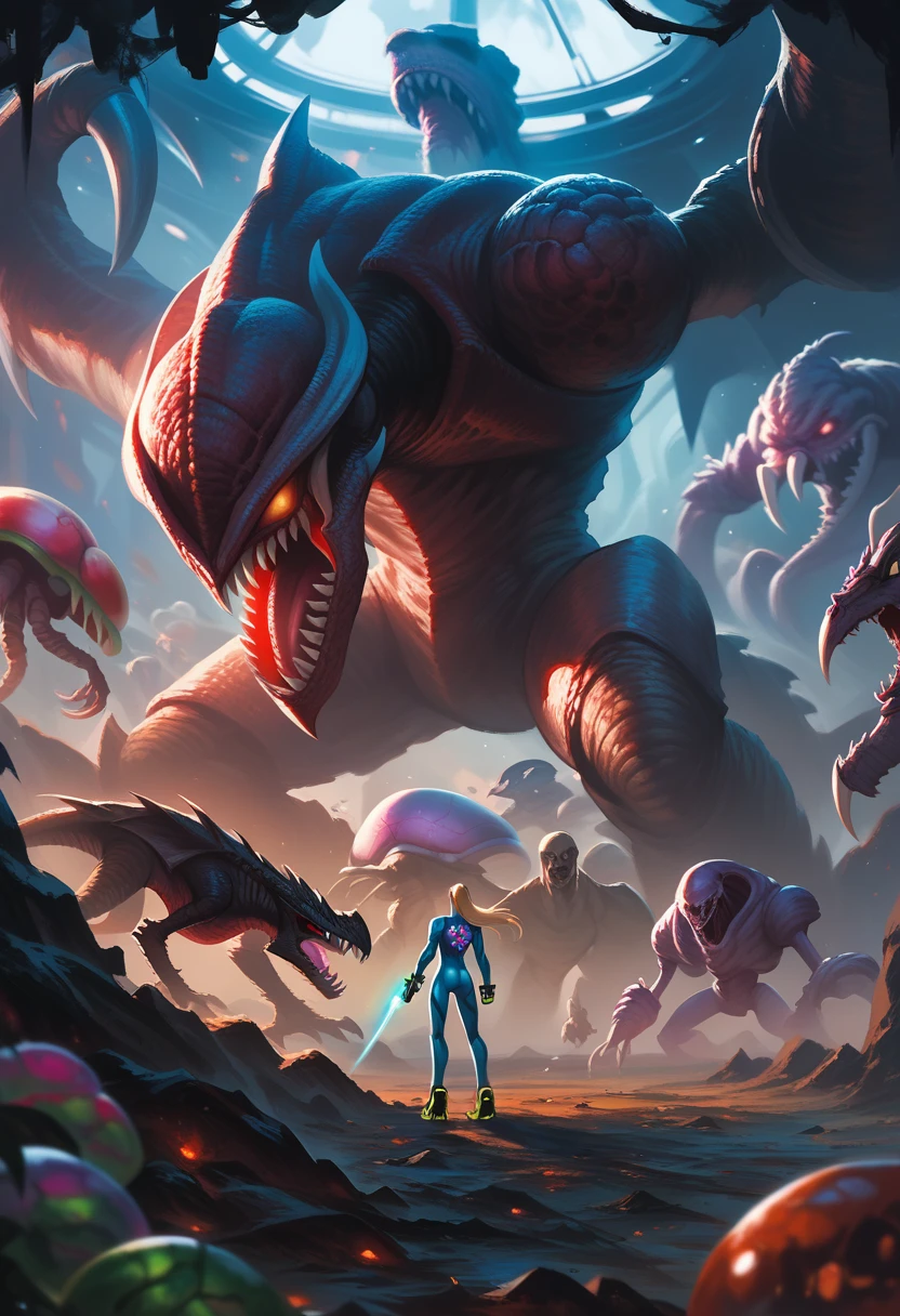 score_9, score_8_up, score_7_up, score_6_up,samus aran vs ridley, samus from metroid, ridley from metroid, samus fight with ridley, background inside a space station