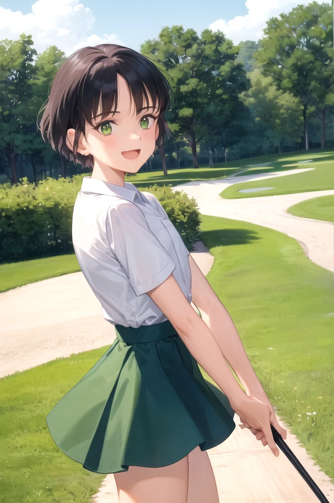 Don Duka,Very short hair,,Green Eyes,,skirt,pantyhoseskirt,shirt,Flat Chest,1girl,alone,golf,a bit_girl,:d,