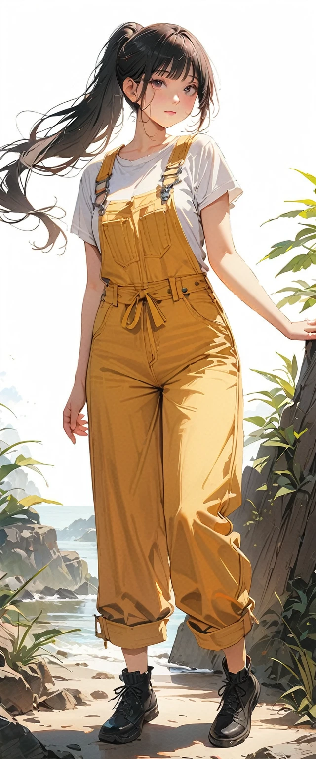 20 years old,1 mature woman,hyperrealistic, 8k, (extremely detailed 8k), (very delicate and beautiful), (masterpiece), (better quality:1.0), (ultra high resolution:1.0), (masterpiece, best quality),cute,black hair,ponytail,full body,white background,realistic skin,overalls,,model posing