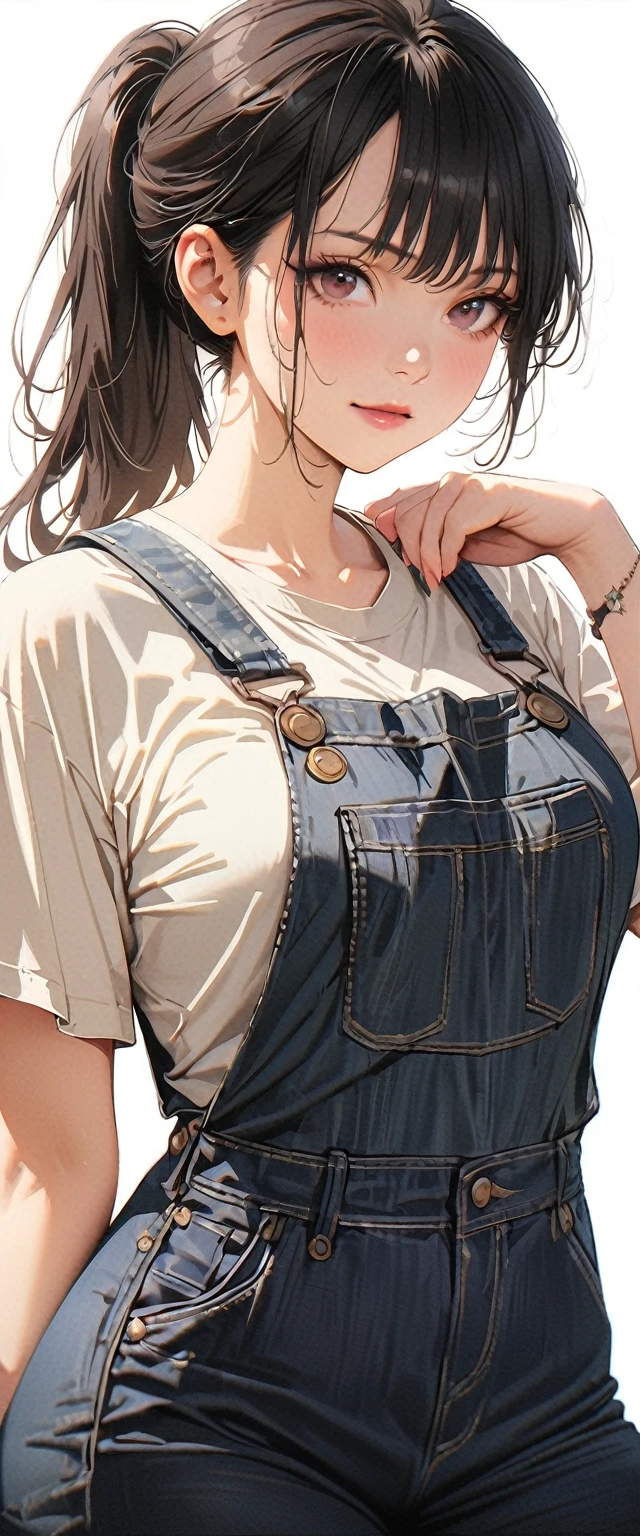 20 years old,1 mature woman,hyperrealistic, 8k, (extremely detailed 8k), (very delicate and beautiful), (masterpiece), (better quality:1.0), (ultra high resolution:1.0), (masterpiece, best quality),cute,black hair,ponytail,full body,white background,realistic skin,overalls,,model posing