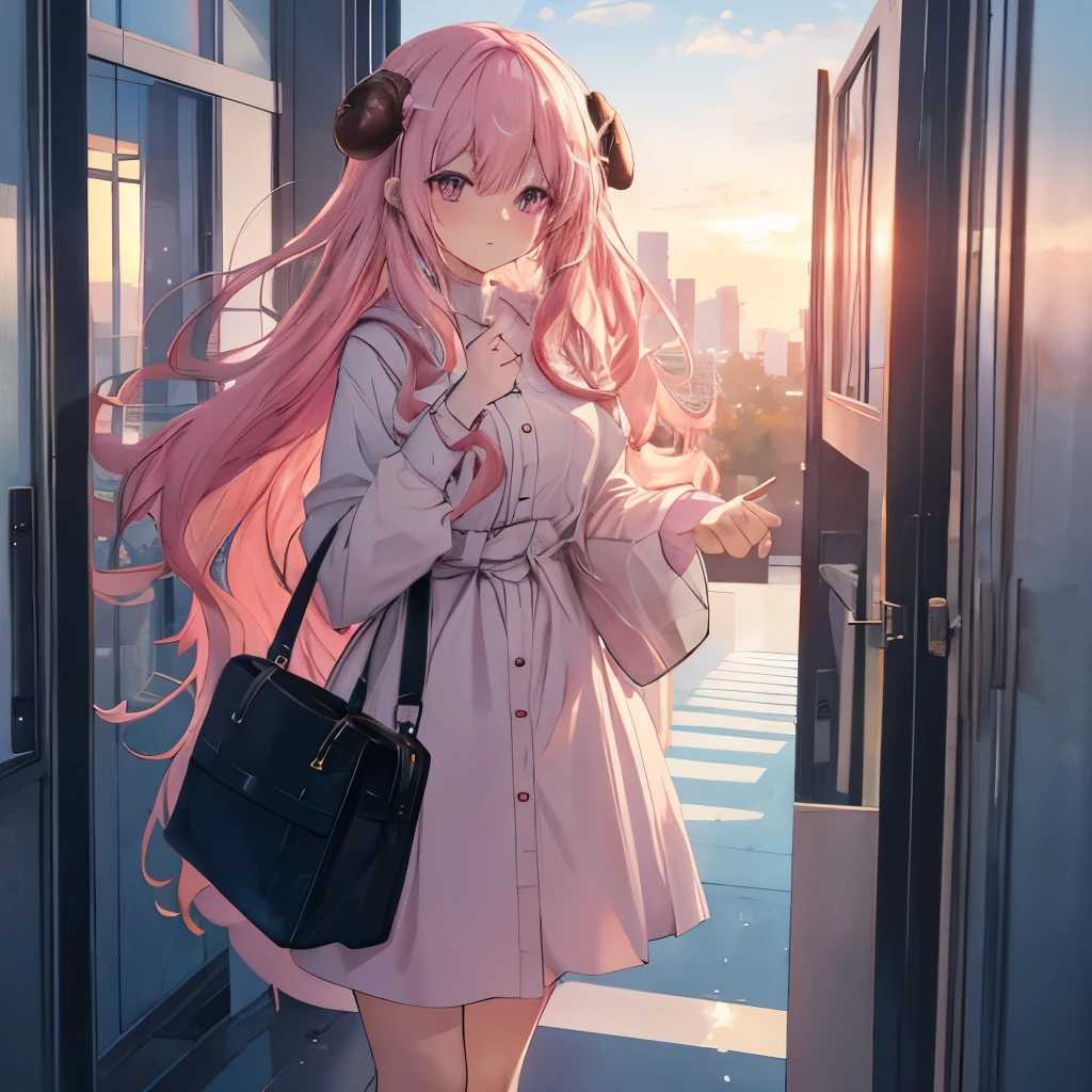 An anime-style illustration of ‘Fua-chan’ finishing work and heading home. Fua-chan has distinctive features: long pink hair styled in soft curls resembling sheep’s horns, and pink eyes. She is depicted wearing professional attire, carrying a bag over her shoulder with a tired but relieved expression on her face. She is walking through an office corridor or lobby towards the exit, with the background showing an evening setting with soft lighting. There might be a few colleagues bidding her goodbye, and outside the window, the sky is painted with the colors of sunset, creating a sense of conclusion to a long workday.