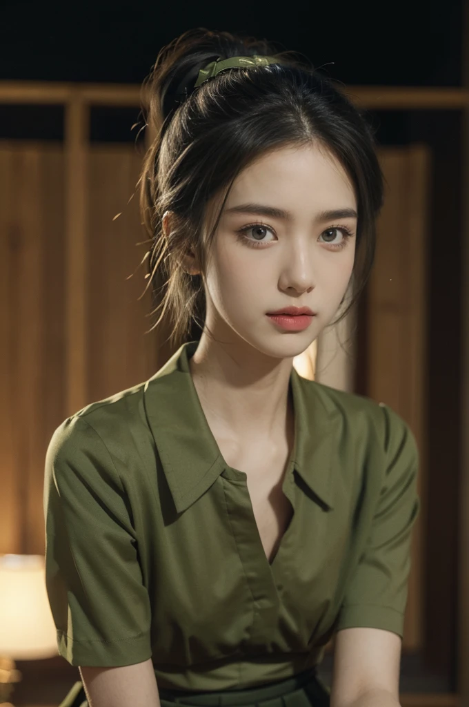(((best quality))),(((ultra detailed))),(((masterpiece))),illustration,((1 beautiful young girl,female soldier,solo)),(short black ponytail:1.2),((slim,thin)),((small breasts,flat chest)),determined,professional,demeanor,(light green collared short-sleeved shirt:1.3),(dark green pleated skirt:1.2),(slender legs:1.2),military,affiliation,background,military conference room,walls,maps,battlefields,strategic points,markings,(large red flag),nation's unity,strength,seriousness,planning,important discussion,rigid posture,focused expression,confidence,respectability,bright intense eyes,analyzing situation,contribute thoughts,ideas,charm,powerful,intense atmosphere,freezes moment in time,essence,striking appearance,(night scene:1.2),((from front,upper body))