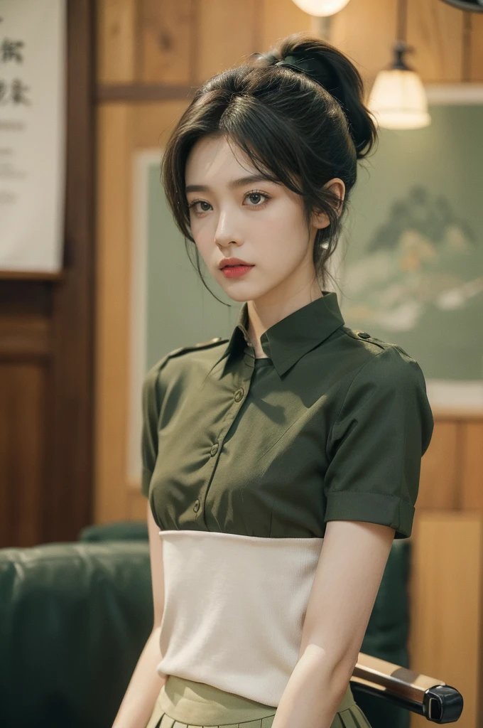 (((best quality))),(((ultra detailed))),(((masterpiece))),illustration,((1 beautiful young girl,female soldier,solo)),(short black ponytail:1.2),((slim,thin)),((small breasts,flat chest)),determined,professional,demeanor,(light green collared short-sleeved shirt:1.3),(dark green pleated skirt:1.2),(slender legs:1.2),military,affiliation,background,military conference room,walls,maps,battlefields,strategic points,markings,(large red flag),nation's unity,strength,seriousness,planning,important discussion,rigid posture,focused expression,confidence,respectability,bright intense eyes,analyzing situation,contribute thoughts,ideas,charm,powerful,intense atmosphere,freezes moment in time,essence,striking appearance,(night scene:1.2),((from front,upper body))