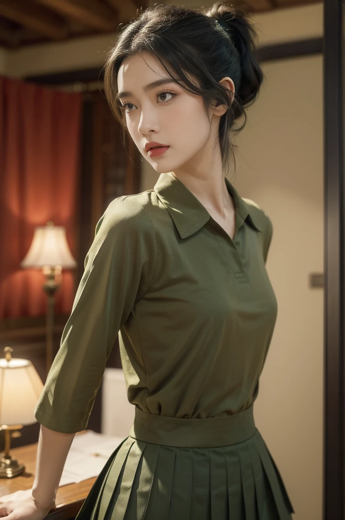 (((best quality))),(((ultra detailed))),(((masterpiece))),illustration,((1 beautiful young girl,female soldier,solo)),(short black ponytail:1.2),((slim,thin)),((small breasts,flat chest)),determined,professional,demeanor,(light green collared short-sleeved shirt:1.3),(dark green pleated skirt:1.2),(slender legs:1.2),military,affiliation,background,military conference room,walls,maps,battlefields,strategic points,markings,(large red flag),nation's unity,strength,seriousness,planning,important discussion,rigid posture,focused expression,confidence,respectability,bright intense eyes,analyzing situation,contribute thoughts,ideas,charm,powerful,intense atmosphere,freezes moment in time,essence,striking appearance,(night scene:1.2),((from front,upper body))