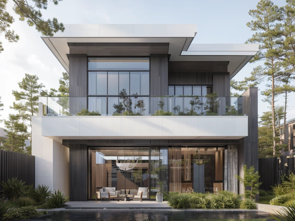 RAW photo, subject, 8k uhd, dslr, soft lighting, high quality, film grain, Photo of a modern villa, modern architecture, simple facade, glass railing, trees, skylight, palm tree, gray stone walling,  wooden, (realistic:1.4), (masterpiece:1.4), ceiling wood, (white painted wall:1.3), (daylight:1.4), (sunlight:1.4) yard, grass