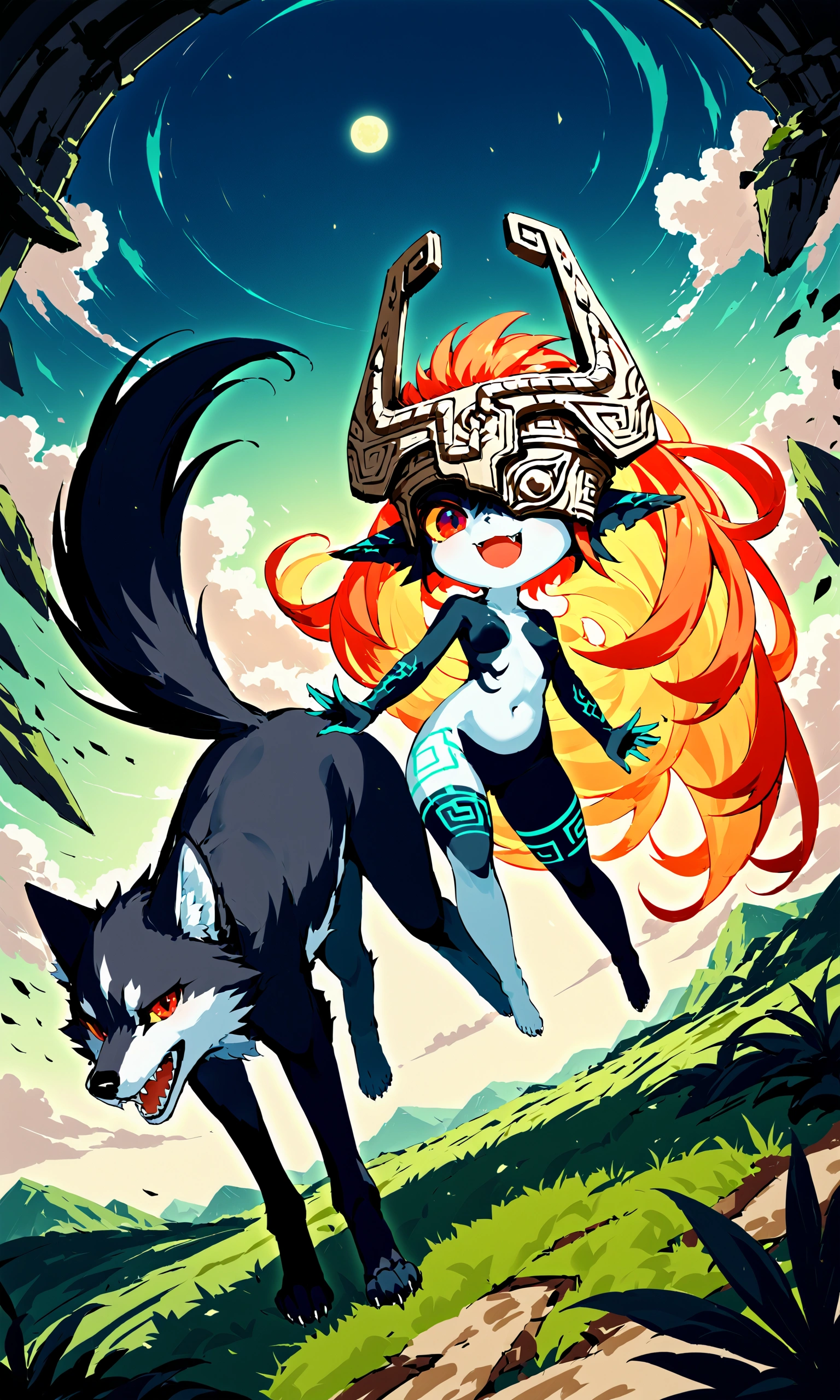 score_9, score_8_up, score_7_up, score_6_up, score_5_up, score_4_up, source_anime,source_furry,rating_safe,rating_questionable,masterpiece, best quality, perfect anatomy , very aesthetic , absurdres ,quality\(soft lighting, intricate, highly detailed, soft particles, fantasy landscape, moonlight, ruins, overgrown, magic\), BREAK ,(1couple\(1girl and 1wolf\):1.4),1girl\(midna,midnaimp, colored sclera, multicolored skin, two-tone skin, helmet, very long hair, prehensile hair, full body, fang,small breast,chibi,cute,(naked:0.4),(riding on 1wolf:1.3)\),1wolf\(wolf_link,(huge:1.8),sharp fang,\),(dynamic angle:1.6),(dinamic pose:1.4),dynamic action,(beautiful landscape:1.3),(at midnight:1.2),from above
