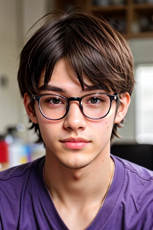 Generate an image of a 19-year-old male science student wearing glasses, looking at the viewer with an amused expression with purple theme, in anime 2d art
