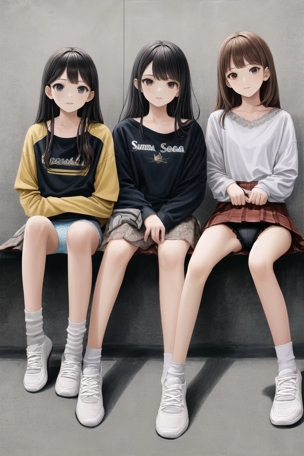 10 years old,Girl,,Flat Chest,Highest quality、High resolution、Detailed Background、Beautiful face in every detail、Teenage Beauty,((Three pretty girls sitting next to each other。))mini skirt,Summer Shirts,(Lace panties),loose socks,sneakers,Full body portrait,(From below),Summer Sea,stage,sunny,Troubled face,Spread your legs