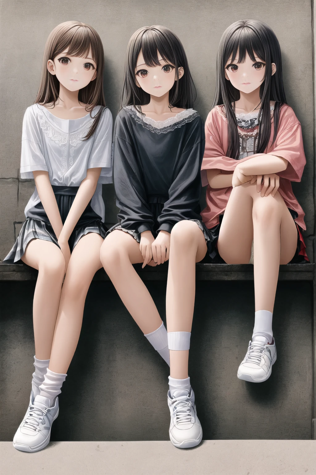 10 years old,Girl,,Flat Chest,Highest quality、High resolution、Detailed Background、Beautiful face in every detail、Teenage Beauty,((Three pretty girls sitting next to each other。))mini skirt,Summer Shirts,(Lace panties),loose socks,sneakers,Full body portrait,(From below),Summer Sea,stage,sunny,Troubled face,Spread your legs
