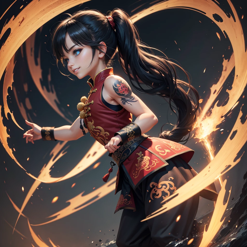 Highly detailed CG unit 8k wallpaper, masterpiece, High resolution, highest quality, highest quality real texture skin, Super Real, Digital Painting, Best image quality, 最High resolution, 8k, (((1 boy))), (Full Body Shot, profile, low length, ), Tattoo, Round eyes, Big Eyes, chinese style embroidery, Chinese style decoration, black hair, Round eyes, evil grin, grin, smile, typhoon, Strong winds, Tunic, (pony tail),