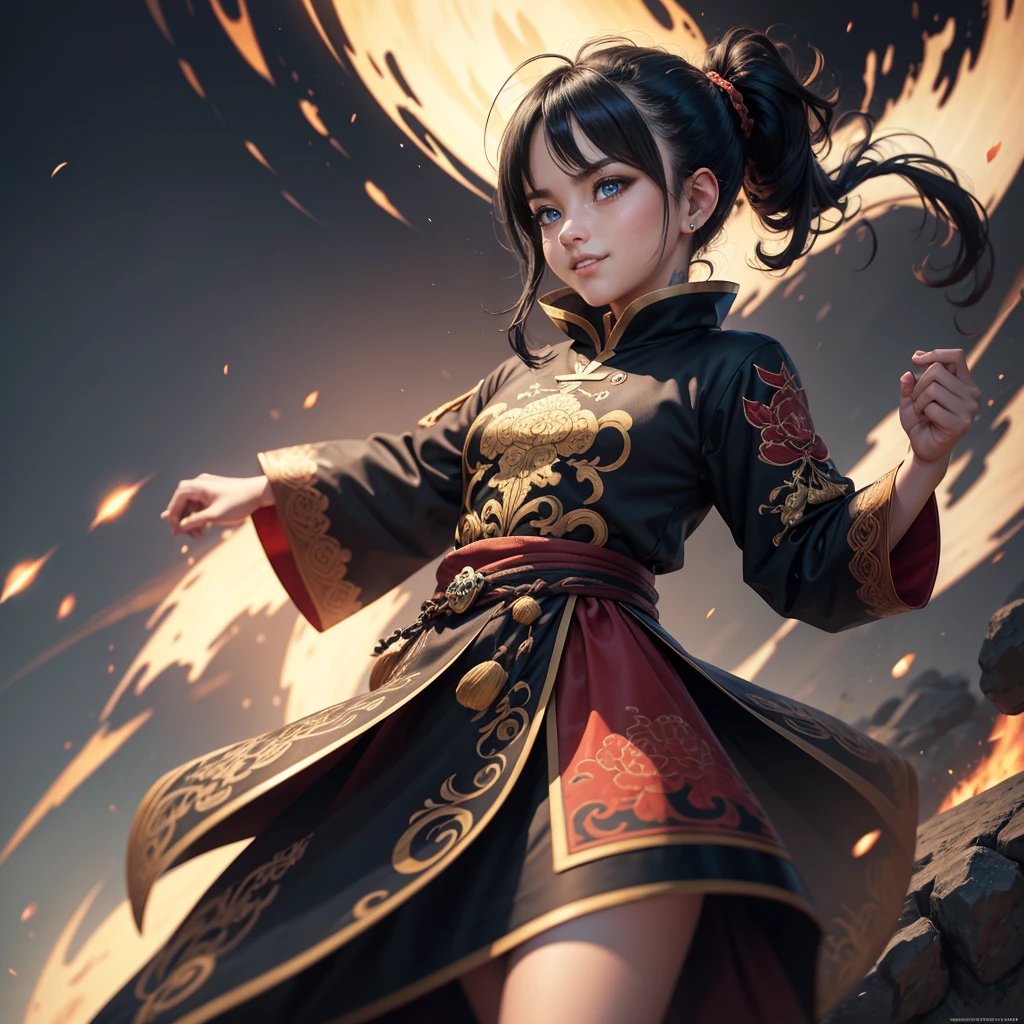 Highly detailed CG unit 8k wallpaper, masterpiece, High resolution, highest quality, highest quality real texture skin, Super Real, Digital Painting, Best image quality, 最High resolution, 8k, (((1 boy))), (Full Body Shot, profile, low length, ), Tattoo, Round eyes, Big Eyes, chinese style embroidery, Chinese style decoration, black hair, Round eyes, evil grin, grin, smile, typhoon, Strong winds, Tunic, (pony tail),