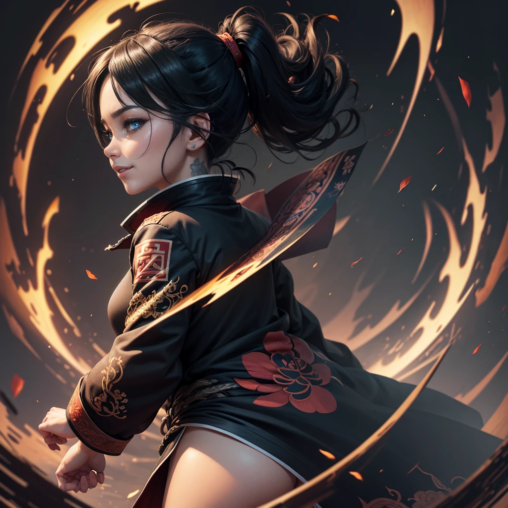Highly detailed CG unit 8k wallpaper, masterpiece, High resolution, highest quality, highest quality real texture skin, Super Real, Digital Painting, Best image quality, 最High resolution, 8k, (((1 boy))), (Full Body Shot, profile, low length, ), Tattoo, Round eyes, Big Eyes, chinese style embroidery, Chinese style decoration, black hair, Round eyes, evil grin, grin, smile, typhoon, Strong winds, Tunic, (pony tail),