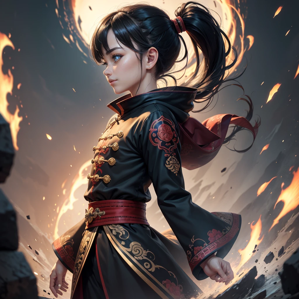 Highly detailed CG unit 8k wallpaper, masterpiece, High resolution, highest quality, highest quality real texture skin, Super Real, Digital Painting, Best image quality, 最High resolution, 8k, (((1 boy))), (Full Body Shot, profile, low length, ), Tattoo, Round eyes, Big Eyes, chinese style embroidery, Chinese style decoration, black hair, Round eyes, evil grin, grin, smile, typhoon, Strong winds, Tunic, (pony tail),