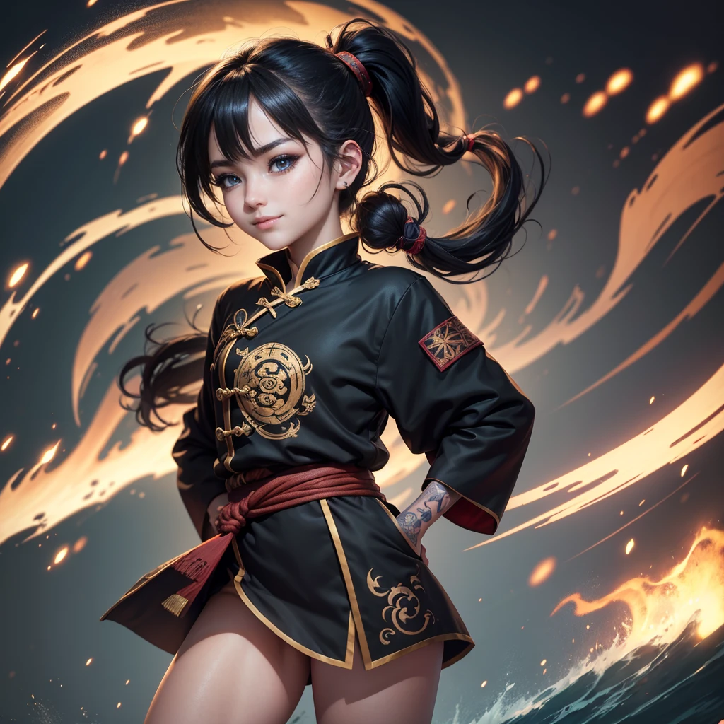 Highly detailed CG unit 8k wallpaper, masterpiece, High resolution, highest quality, highest quality real texture skin, Super Real, Digital Painting, Best image quality, 最High resolution, 8k, (((1 boy))), (Full Body Shot, profile, low length, ), Tattoo, Round eyes, Big Eyes, chinese style embroidery, Chinese style decoration, black hair, Round eyes, evil grin, grin, smile, typhoon, Strong winds, Tunic, (pony tail),