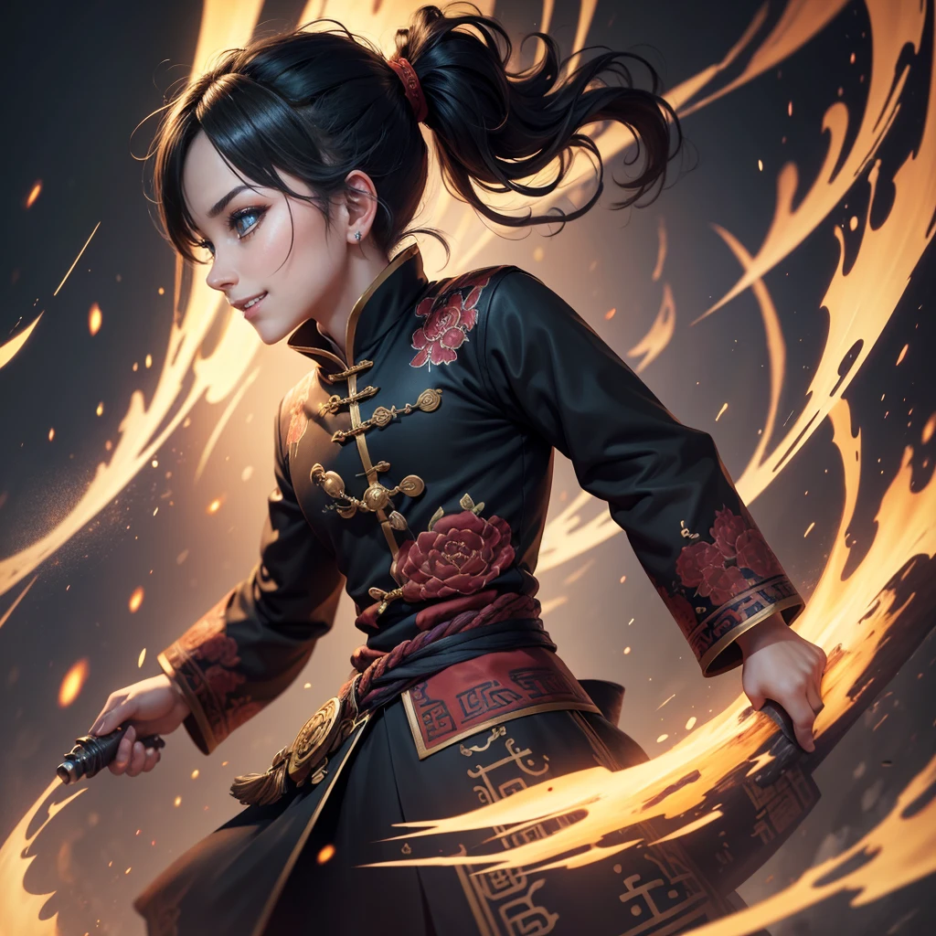 Highly detailed CG unit 8k wallpaper, masterpiece, High resolution, highest quality, highest quality real texture skin, Super Real, Digital Painting, Best image quality, 最High resolution, 8k, (((1 boy))), (Full Body Shot, profile, low length, ), Tattoo, Round eyes, Big Eyes, chinese style embroidery, Chinese style decoration, black hair, Round eyes, evil grin, grin, smile, typhoon, Strong winds, Tunic, (pony tail),