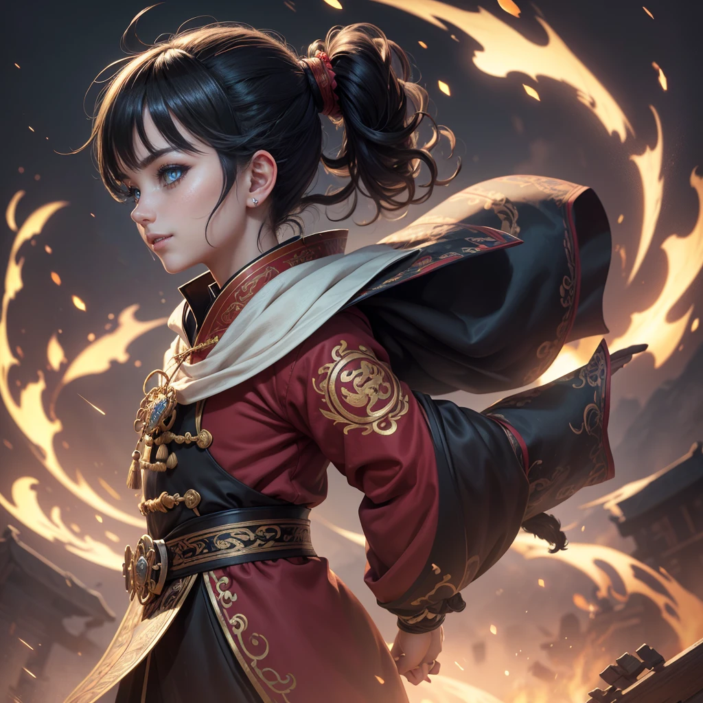 Highly detailed CG unit 8k wallpaper, masterpiece, High resolution, highest quality, highest quality real texture skin, Super Real, Digital Painting, Best image quality, 最High resolution, 8k, (((1 boy))), (Full Body Shot, profile, low length, ), Tattoo, Round eyes, Big Eyes, chinese style embroidery, Chinese style decoration, black hair, Round eyes, evil grin, grin, smile, typhoon, Strong winds, Tunic, (pony tail),