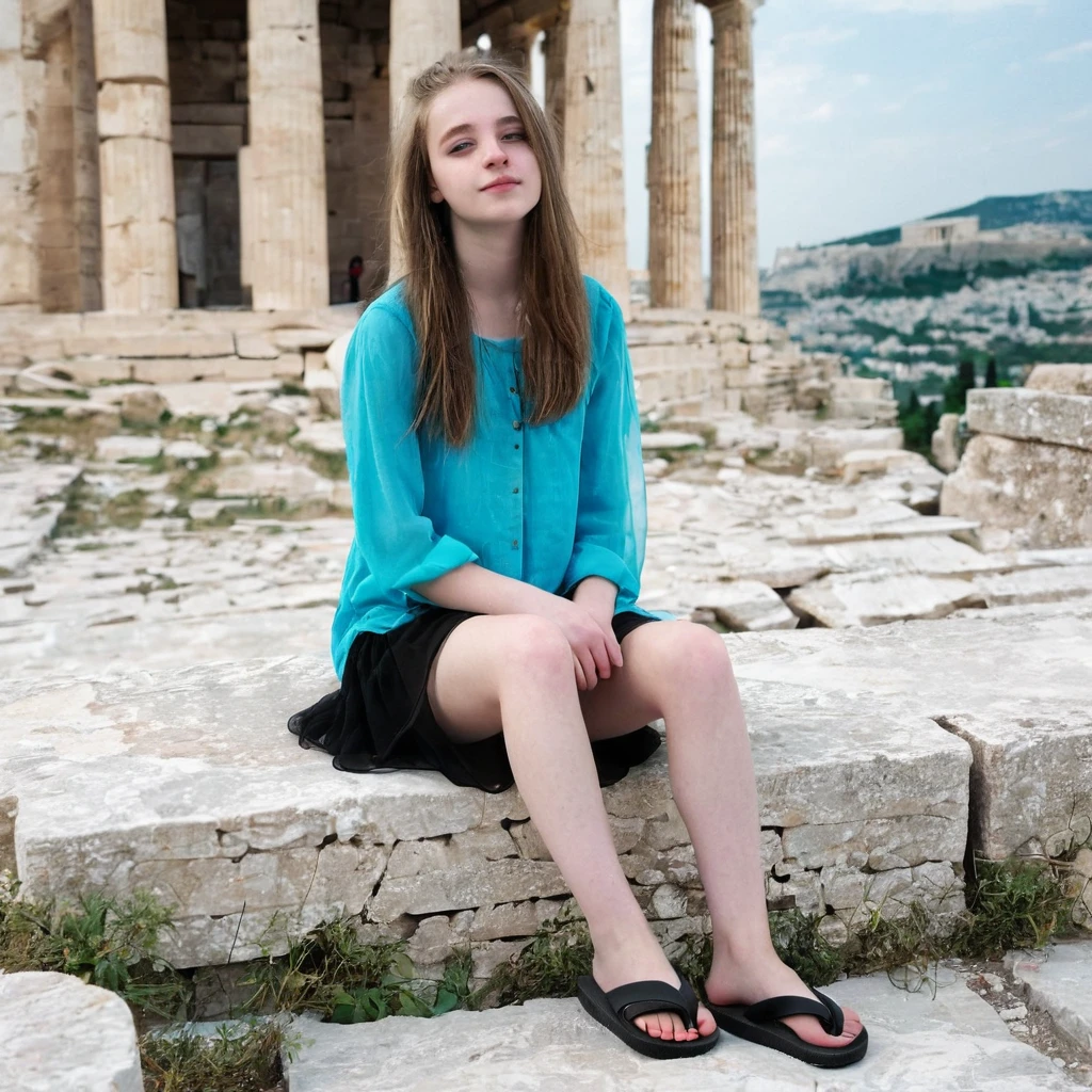 charming pale polish teen girl wearing black flip flops sits on the Acropolis