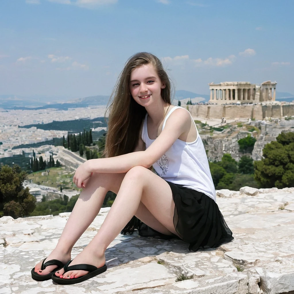 charming pale polish teen girl wearing black flip flops sits on the Acropolis