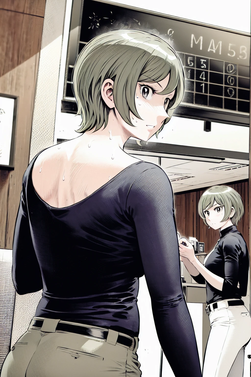 、(masterpiece、Highest quality)、Highest quality, Ultra-high resolution, (((masterpiece))), alone, Sweat、Big eyes,Tight black shirt、Tight white pants、belt、indoor、Composition from the front、(Cut the back hair short、short hair、blonde、woman)、Shortcuts、Embarrassed face、Cut your hair short、可愛いwomanの子、Big Breasts、office