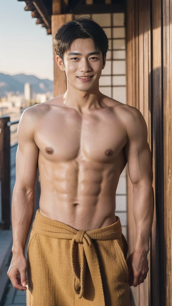 In the charming picture there is a handsome Korean man with his smile., His charm radiated as he proudly showed off his abs in a full standing pose.. Wear a boxee, He stood in the middle of an outdoor environment., Bathed in the golden light of a beautiful day. With unparalleled attention to detail., This photorealistic portrait combines the style of National Geographic., Capture every detail of his textured skin in 8k resolution. Leica digital SLR camera. His features were clearly visible., From the deep-set eyes to the chiselled jawline., Make this image a true masterpiece..Lift. (8K UHD、RAW Photography、Photorealistic Portrait Leica Digital SLR、Lifelike images)