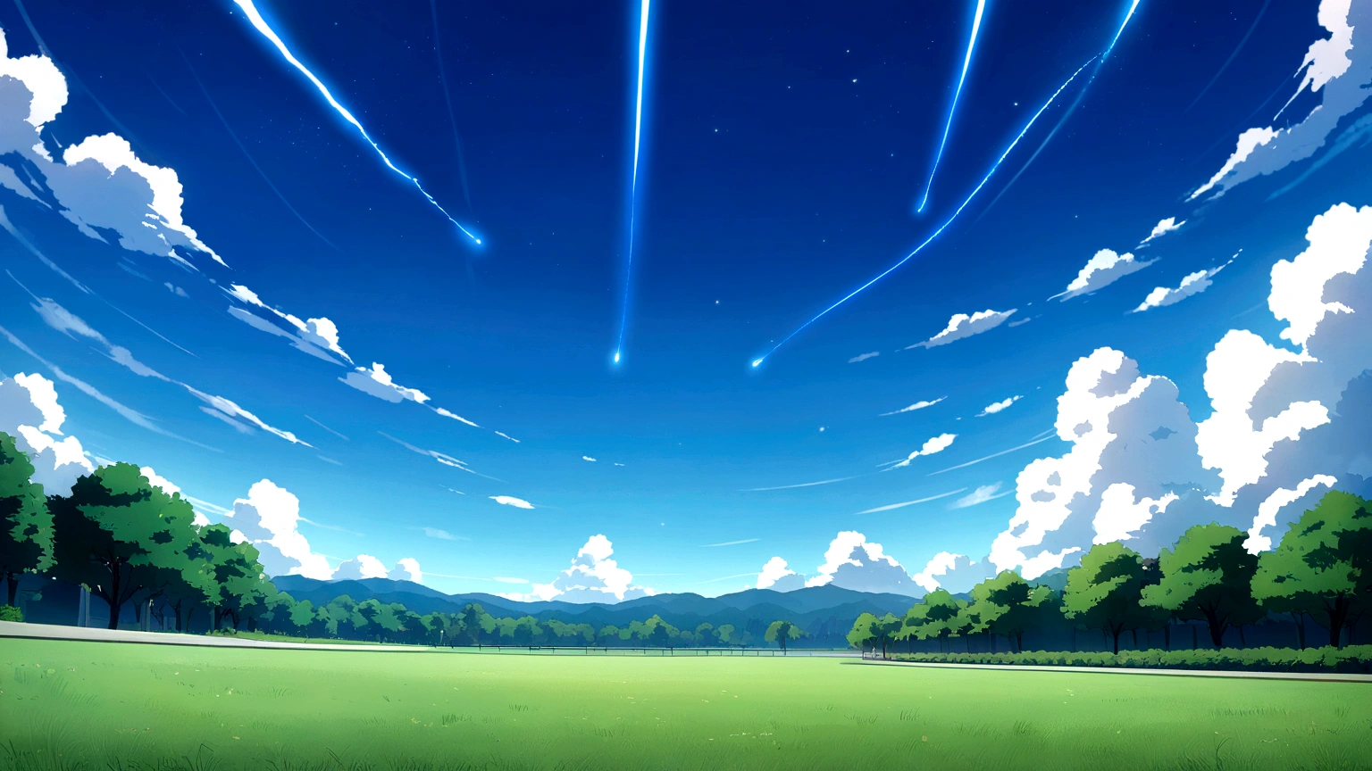 open sky, peaceful park, anime style, meteor approaching, fiery trail, dramatic, daytime, bright light from meteor, no people, empty park