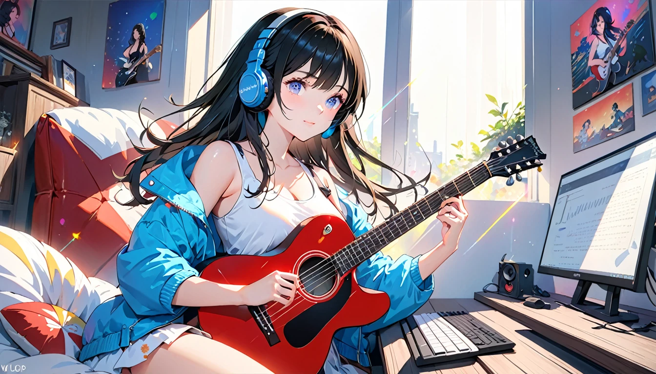 (Absurd:1.1, High resolution:1.1, 超detailed:1.1), 非常にdetailedな, 超detailed hair, (Fine grain:1.4), (Shining Eyes:1.3), thin, cute, Perfectly symmetrical face, narr○w waist, 超cute girl, 超cute face, 超cute, Super beautiful, Beautiful colors, merry (Yanmar gauge),From wlop,((Great quality)), (Beautiful legs), (Beautiful breasts), Black Hair, computer, Upper body rest (Beautiful colors,detailed,Highest quality,Great quality,so beautiful), guitar, Headphones, microphone, Tank top,  Jacket, Lighting and Shadows(perspective), Lighting particles, colorful, masterpiece, Very stylish room,