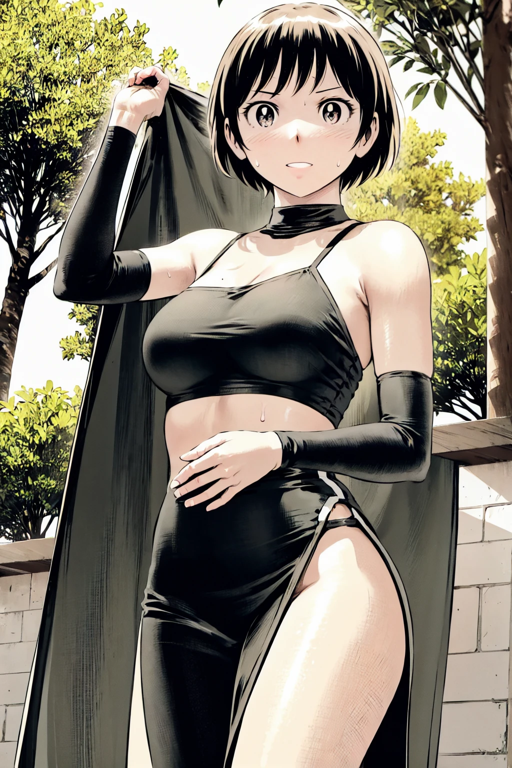 、(masterpiece、Highest quality)、Highest quality, Ultra-high resolution, (((masterpiece))), alone, Sweat、Big eyes, Sleeveless、Outdoor、Floral Dress、Composition from the front、(後ろCut your hair short、short hair、blonde、woman)、Shortcuts、Embarrassed face、Cut your hair short、可愛いwomanの子、Big Breasts