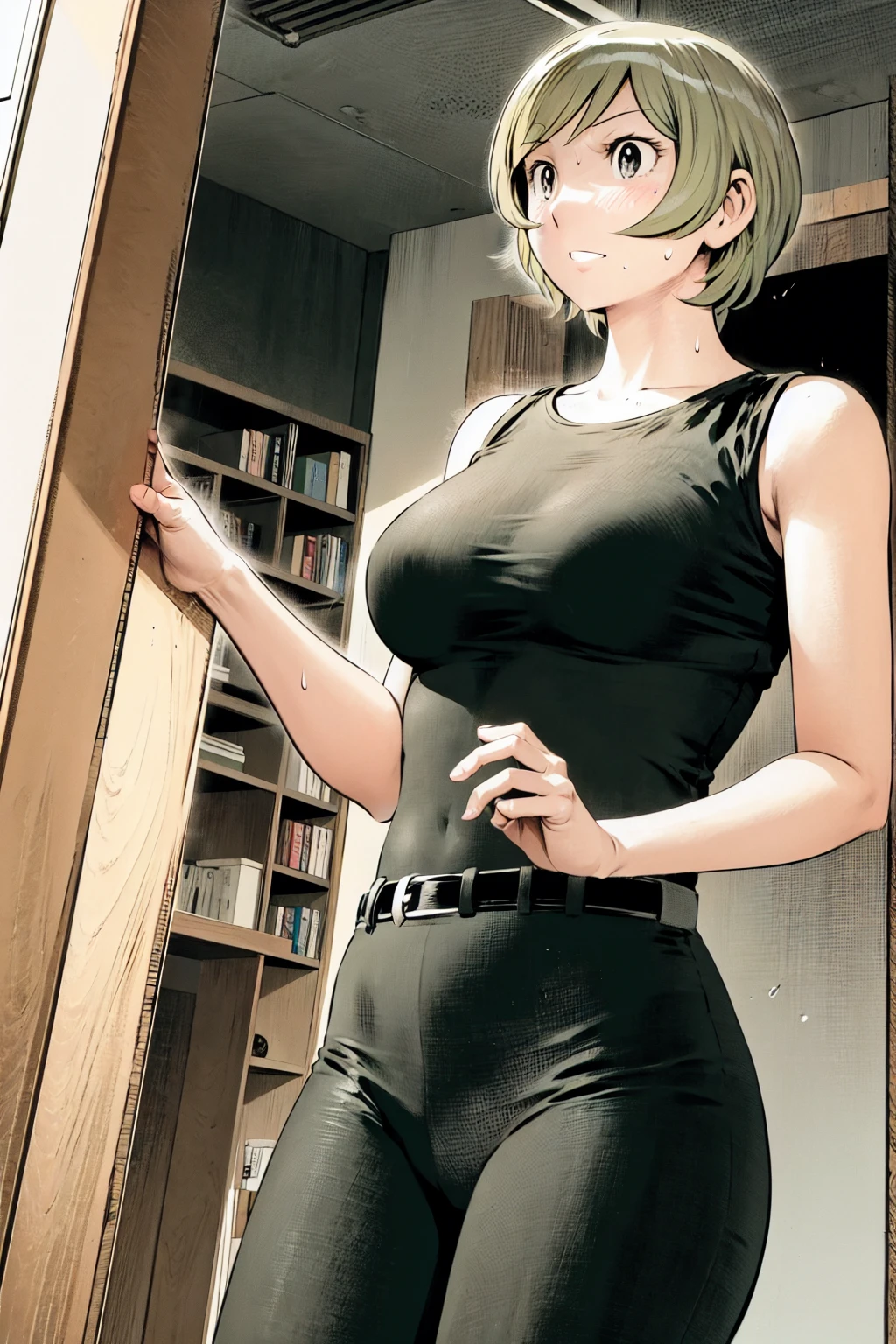 、(masterpiece、Highest quality)、Highest quality, Ultra-high resolution, (((masterpiece))), alone, Sweat、Big eyes,Tight black shirt、Tight white pants、belt、indoor、Composition from the front、（Cut the back hair short、short hair、blonde、woman）、Shortcuts、Embarrassed face、Cut your hair short、可愛いwomanの子、Big Breasts、office
