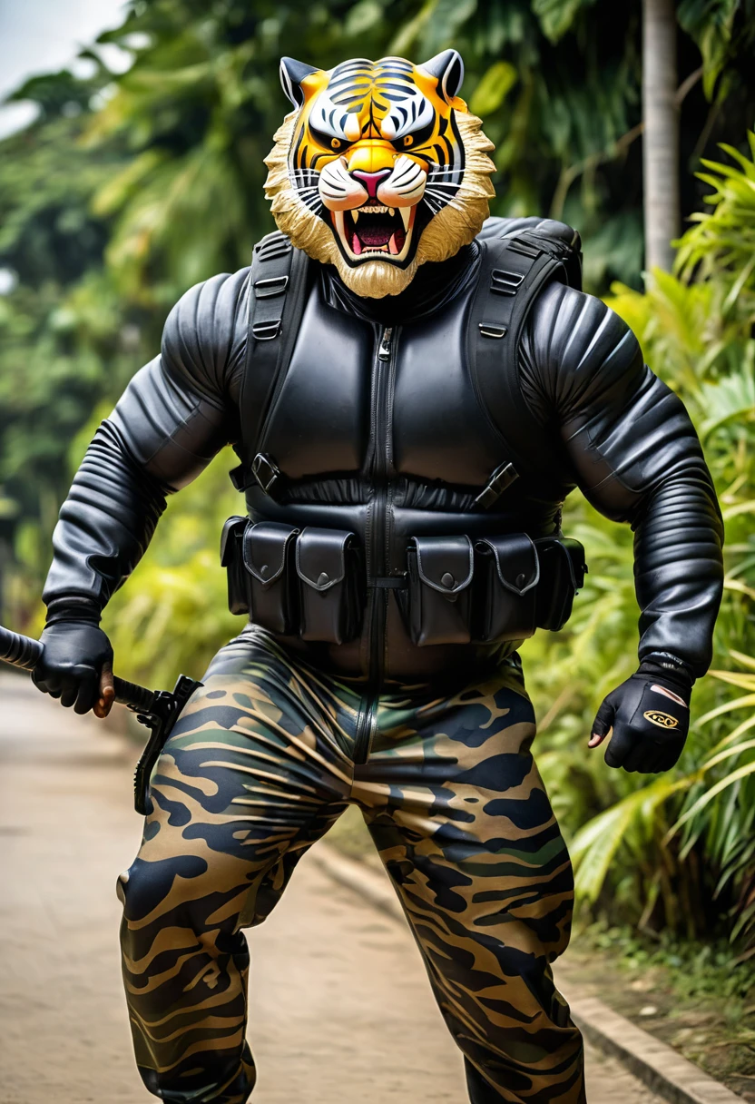 (a dark-skinned bearded muscular fat old man in a bulky camouflage zipper diver suit) carrying a rifle and (wearing proportionate realistic roaring tiger mask that show the wearer eyes), muscular, Bruce Onobrakpeya, sumatraism, stanley artgermm, muscular physique, imposing stature, action, heroic, fierce, snarling, best quality