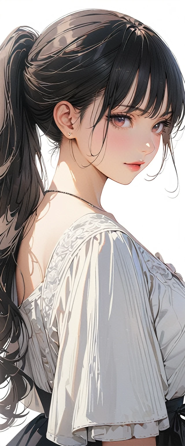 20 years old,1 mature woman,hyperrealistic, 8k, (extremely detailed 8k), (very delicate and beautiful), (masterpiece), (better quality:1.0), (ultra high resolution:1.0), (masterpiece, best quality),cute,black hair,ponytail,upper body,white background,realistic skin,gothic lolita,model posing