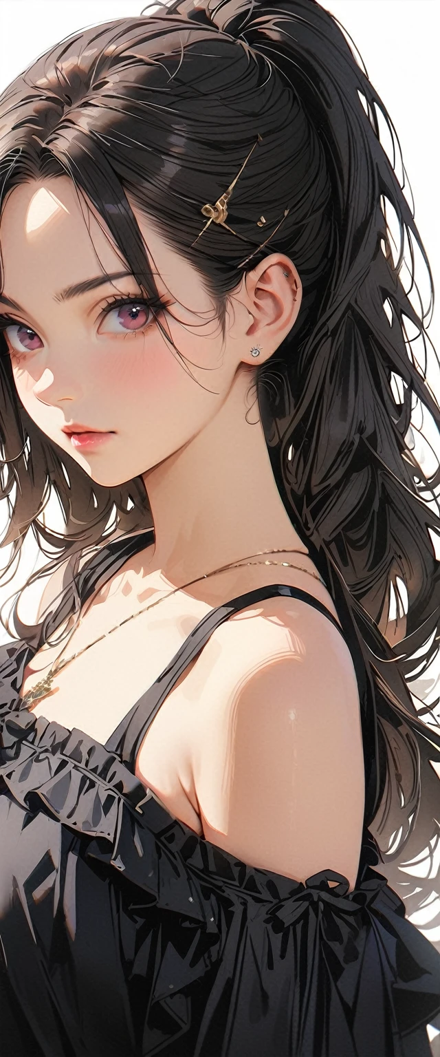20 years old,1 mature woman,hyperrealistic, 8k, (extremely detailed 8k), (very delicate and beautiful), (masterpiece), (better quality:1.0), (ultra high resolution:1.0), (masterpiece, best quality),cute,black hair,ponytail,upper body,white background,realistic skin,gothic lolita,model posing