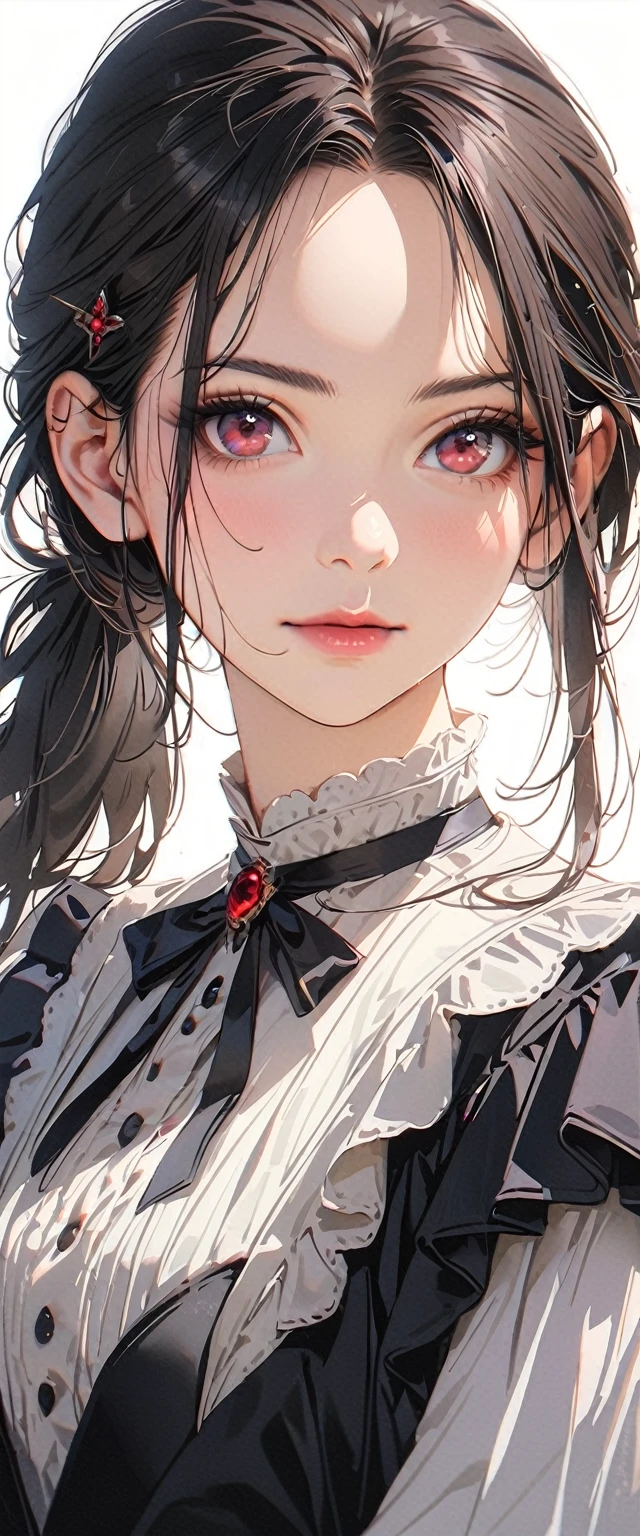 20 years old,1 mature woman,hyperrealistic, 8k, (extremely detailed 8k), (very delicate and beautiful), (masterpiece), (better quality:1.0), (ultra high resolution:1.0), (masterpiece, best quality),cute,black hair,ponytail,upper body,white background,realistic skin,gothic lolita,model posing