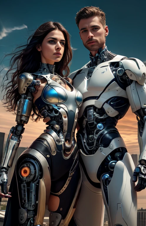 On the rooftop of a skyscraper, a male cyborg and a female cyborg engage in a sexual relationship. They are both depicted in stunning detail, with intricate details highlighting their magnificent anatomies. The scene is captured in the highest quality, showcasing the absurd resolution of 8K. The artwork is a masterpiece, featuring beautiful and slim bodies that are expertly crafted. The intense focus on intricate details enhances the hyper-detailing of the cyborgs' features, making them appear even more realistic. The lighting is soft and natural, casting a gentle glow that accentuates their natural skin textures. The overall composition of the artwork is carefully cropped to showcase the enticing 1/2 body of the cyborgs. The HDR technology further enhances the visual impact of the image, resulting in a truly breathtaking piece.