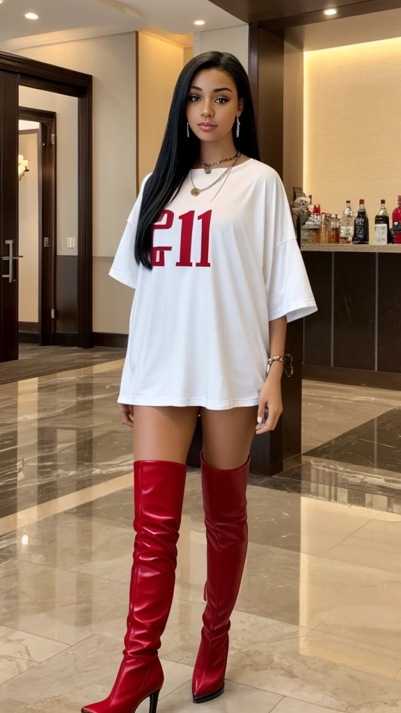 1girl in, age19, ligh skinned mixed black girl round face,solo, black hair on ponytail Colossal tits, looking at the camera, Full body, wearing red versized baseball shirt only necklace chain Realistic, showing sexy thighs,A sexy light skin girl mixed girl,hotel lobby, night out, white thigh high boots heels, walking,facing camera, hooves earrings walking straight looking at the camera realistic looking girl luxury hotel lobby,wearing red oversized baseball shirt