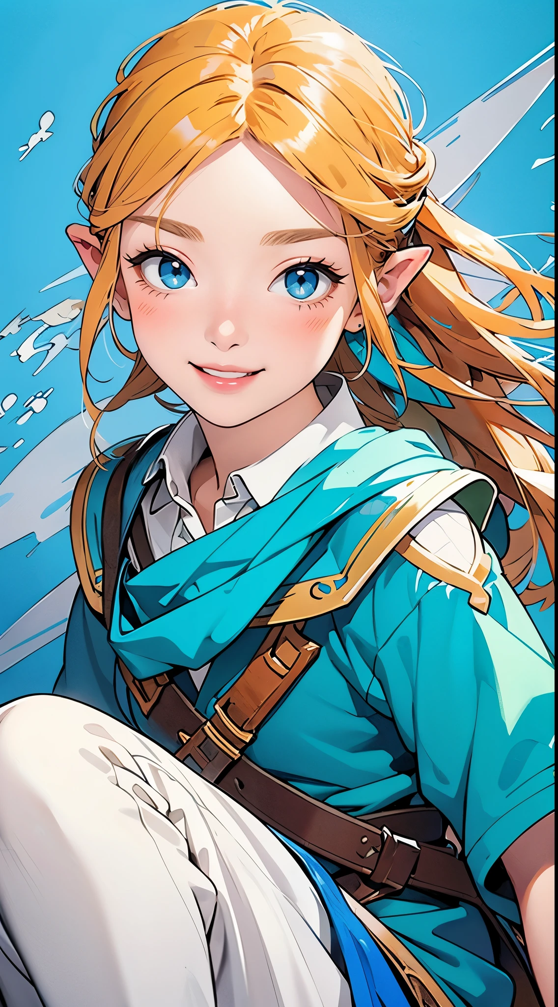 beautiful zelda, aqua_eyes, dynamic pose, ample headroom, oil pastel painting, ambience, full portrait, Duchenne smile, portrait by Norman Rockwell, color splash background, legend of zelda color theme