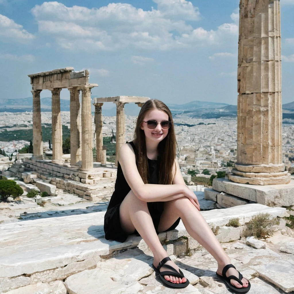 charming pale polish teen girl wearing black flip flops sits on the Acropolis