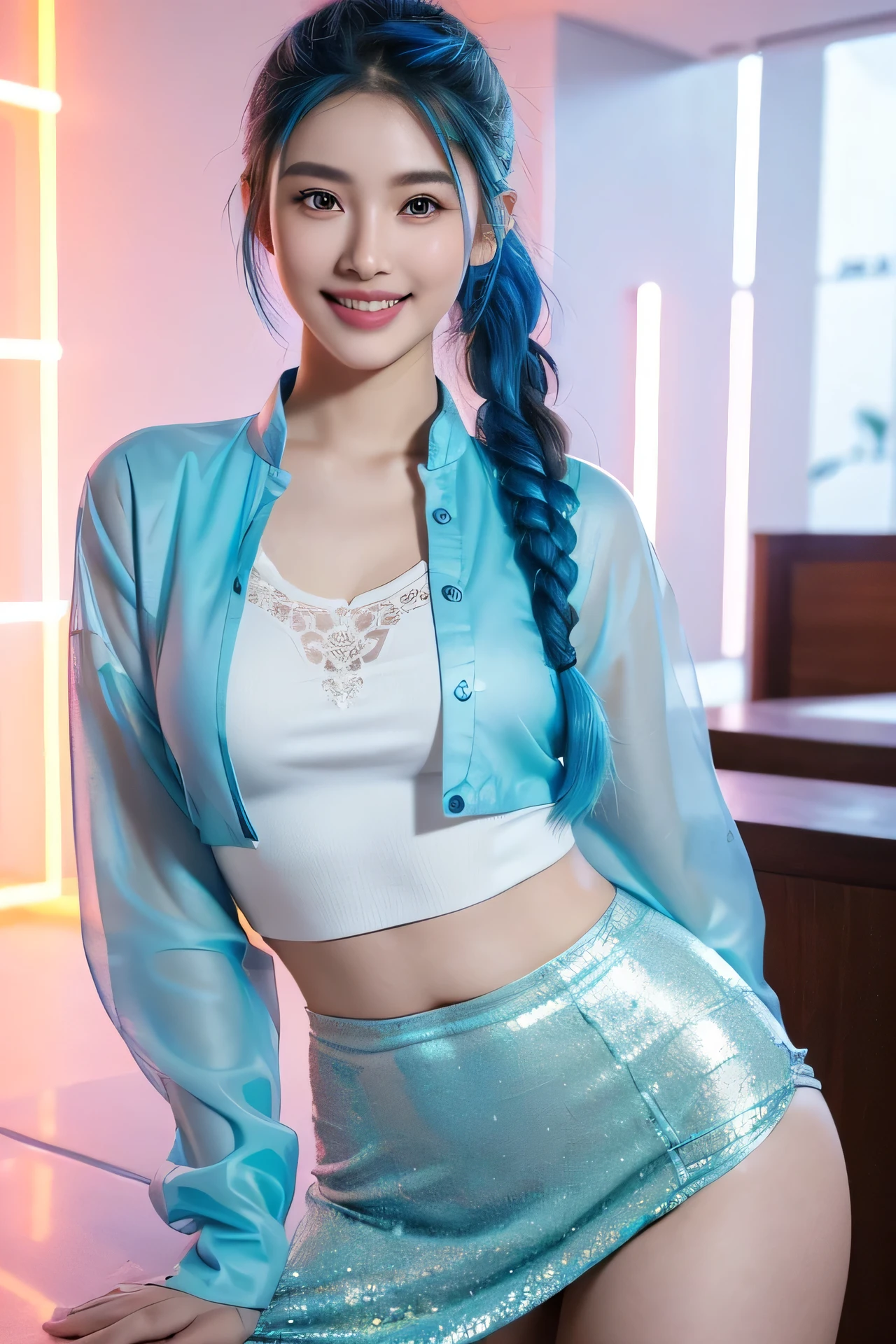 ultra photorealistic, beautiful 17 year old woman, has a mix of Asian and German looks, pigtail, blue hair color combination of pink, in braids. transparent white kebaya, elegant batik cloth bottoms, background of the living room of a hotel lobby, with writing (typography) ((Aniesa Putri Kencana)) Behind (like a board) with neon effect. (Masterpice), ((best quality, highly detailed face and skin)), ((expressive eyes, perfect face, detailed eyes, detailed lips, beautiful face, bigsmile:1.5))