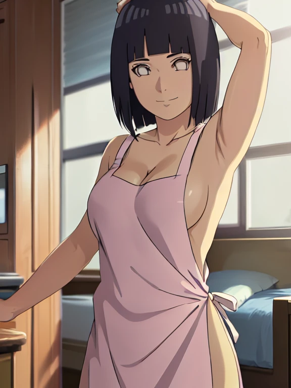 (hinata\(boruto\), (sfw, high quality, anime, cowboy shot, white apron only, off-shoulders, little biceps, super detailed body, smile), (medium-big breasts, cleavage), closed mouth), pale skin, ((floating hair, dark blue, short hair, hime cut، loose hair), bedroom, arms up, armpits visible
