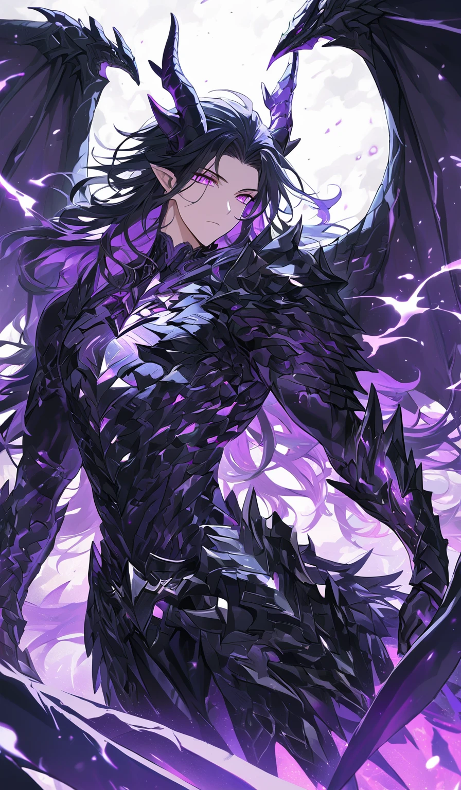 Masterpiece, Very detailed, ultra detailed, one, (1 man), man with a V-shaped body Large dragon horns, two large dragon wings, full detailed dark obsidian armor with light purple details that seemed like a purple fire. Long black hair combed back, and reptile eyes that shine crimson-purple. In the style of manhwa "Omniscient Reader's Viewpoint"