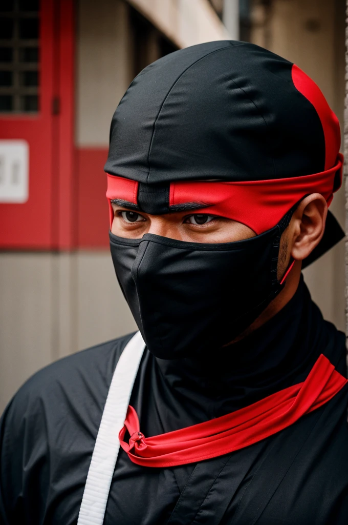 A man with black ninja and red and white ninja