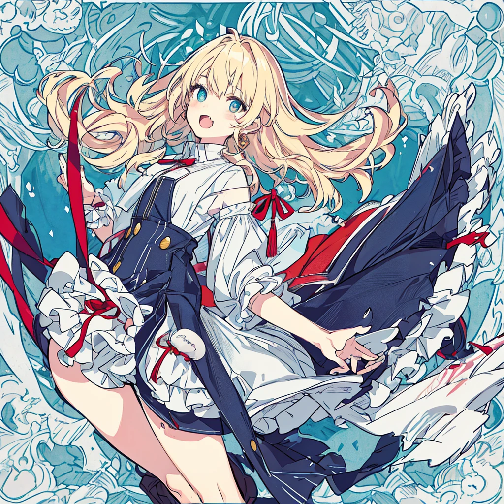 short cute male, very pale skin, beautiful eyes, perfect hands, heterochromia, one eye is red one eye is pink, long legs, narrow waist, perspective, short chin-length blonde hair with dyed pink tips, perfect hands, crossed bangs, vivid colors, best quality, high quality, short messy wavy hair, casual wear, overalls, loose sleeves, pale blue jean shorts, striped knee high socks, earring on left ear, fangs, :3, smug, CG image, character splash art, high detail