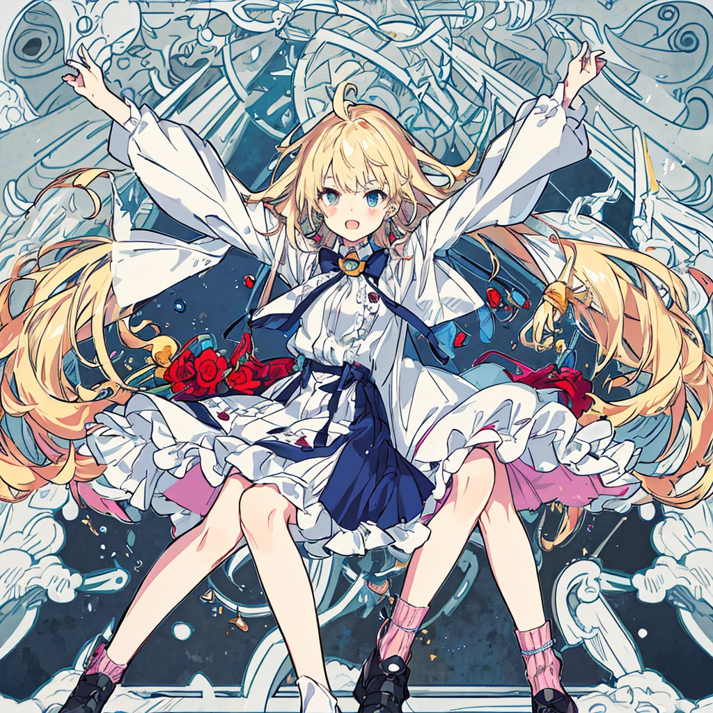 short cute male, very pale skin, beautiful eyes, perfect hands, heterochromia, one eye is red one eye is pink, long legs, narrow waist, perspective, short chin-length blonde hair with dyed pink tips, perfect hands, crossed bangs, vivid colors, best quality, high quality, short messy wavy hair, casual wear, overalls, loose sleeves, pale blue jean shorts, striped knee high socks, earring on left ear, fangs, :3, smug, CG image, character splash art, high detail
