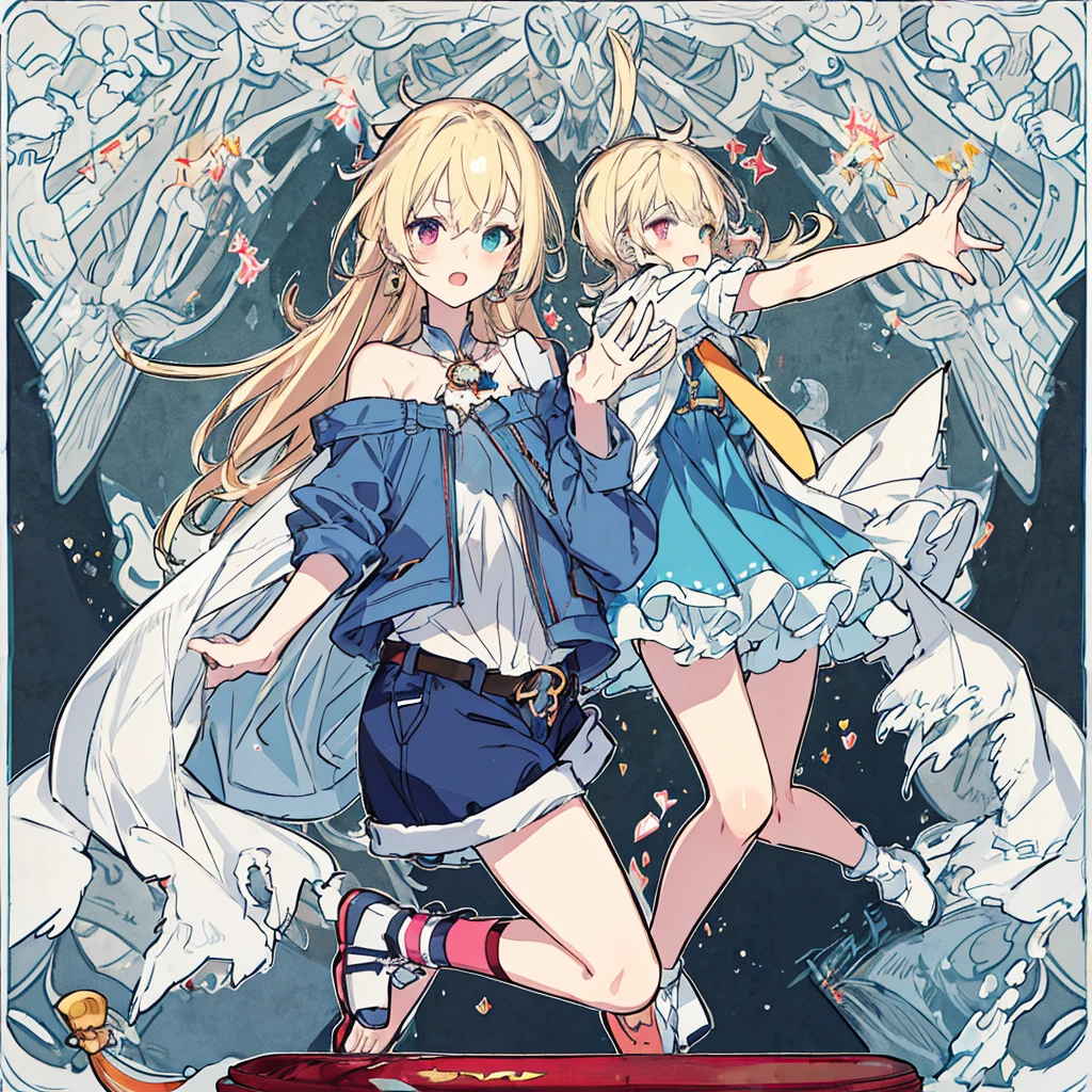 short cute male, very pale skin, beautiful eyes, perfect hands, heterochromia, one eye is red one eye is pink, long legs, narrow waist, perspective, short chin-length blonde hair with dyed pink tips, perfect hands, crossed bangs, vivid colors, best quality, high quality, short messy wavy hair, casual wear, overalls, loose sleeves, pale blue jean shorts, striped knee high socks, earring on left ear, fangs, :3, smug, CG image, character splash art, high detail