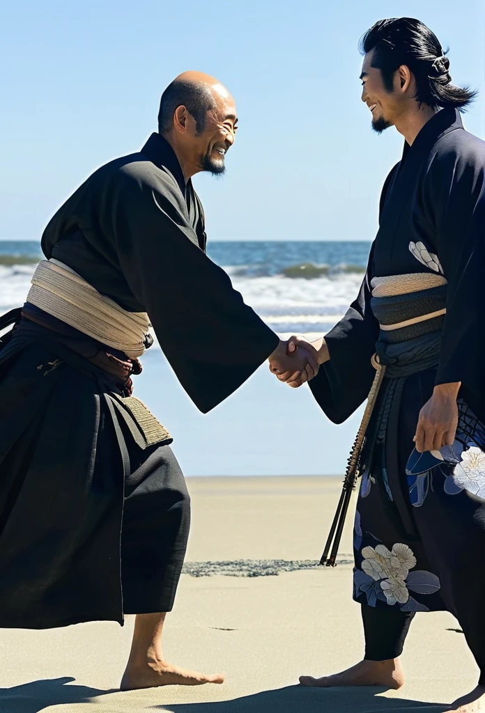 Two Japanese male samurai shaking hands on the beach、One is in his 50s、The other is a young man in his 20s.、Light of the sun、A big black ship on the sea、Both smiling、Black kimono、Total hair