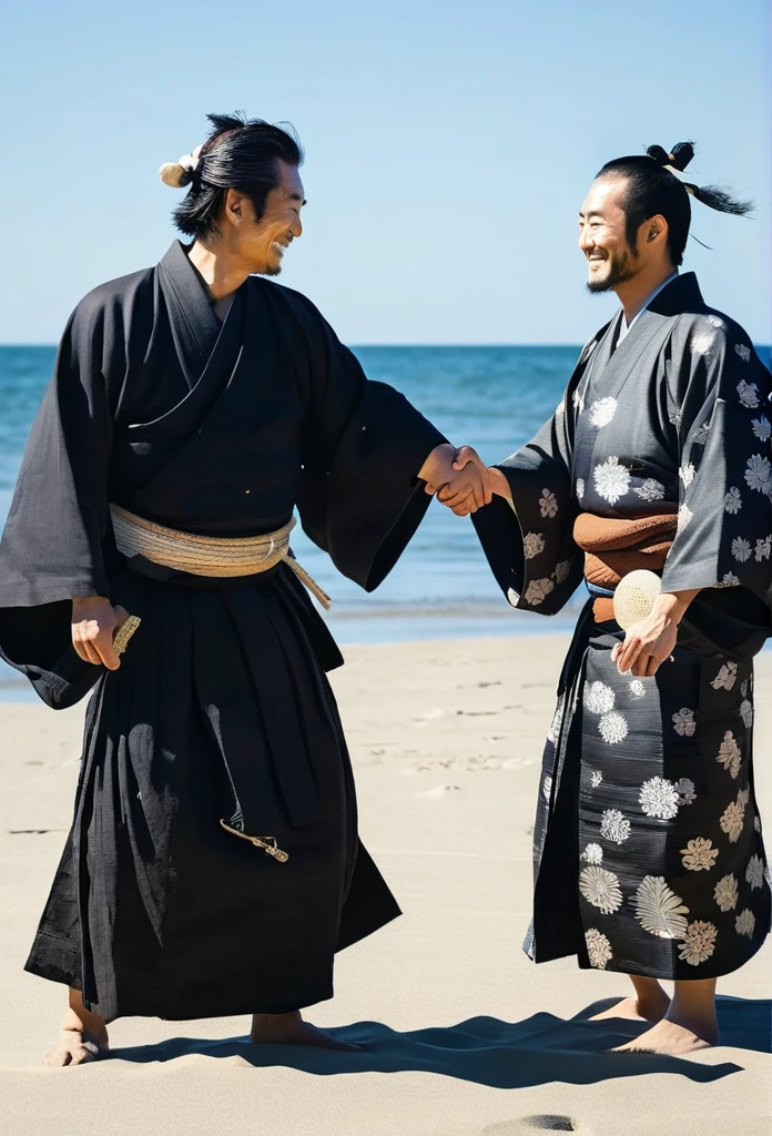 Two Japanese male samurai shaking hands on the beach、One is in his 50s、The other is a young man in his 20s.、Light of the sun、A big black ship on the sea、Both smiling、Black kimono、Total hair