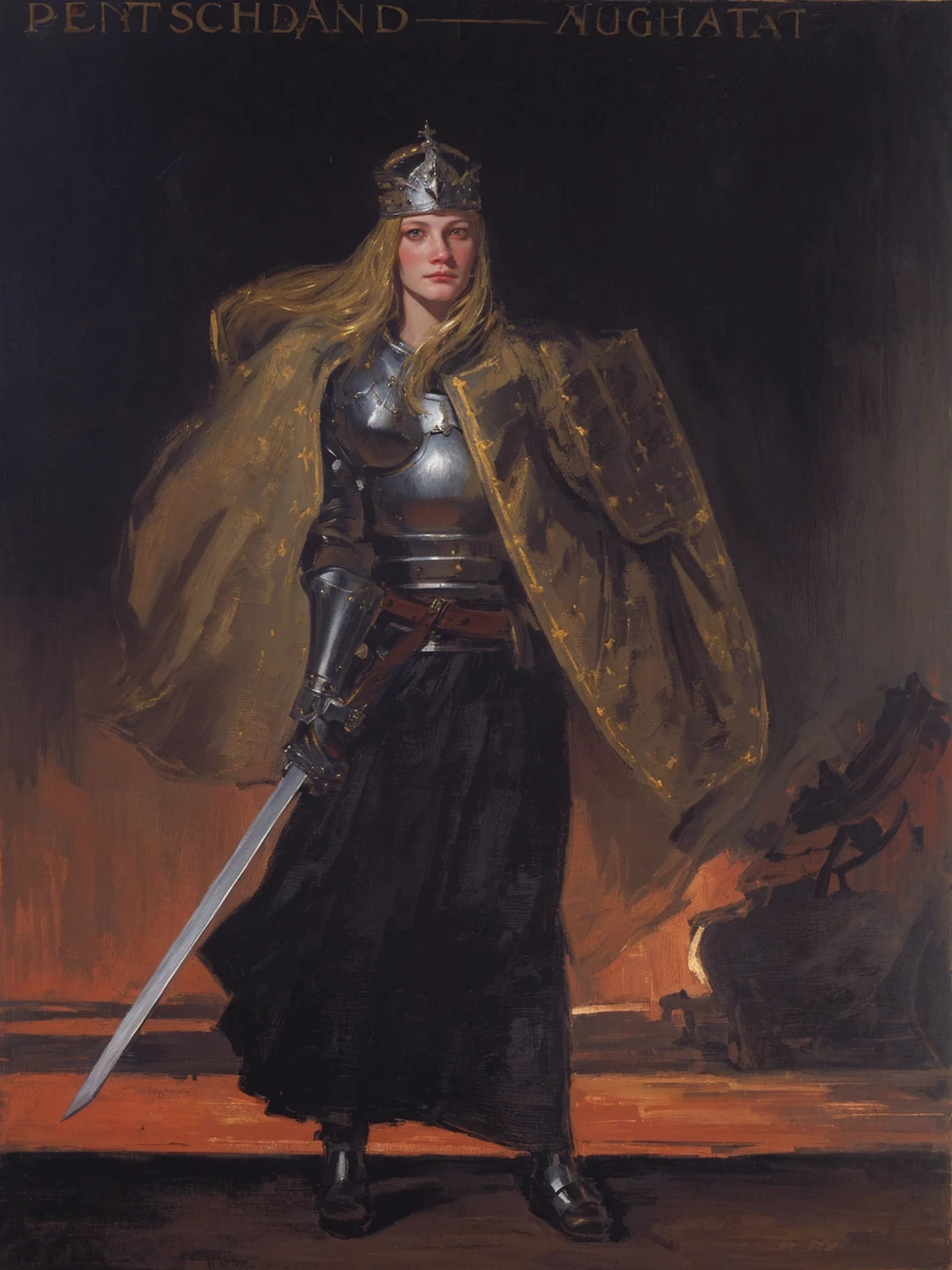 painting of a woman in armor with a sword and shield, ledmund leighton, by Marie Krøyer, portrait of female paladin, by Peder Severin Krøyer, she is holding a sword, joan of arc, female paladin, portrait of a woman warrior, daniel, isolde, inspired by Júlíana Sveinsdóttir