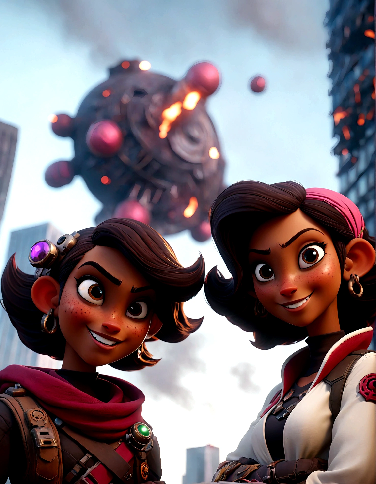 two space pirates posing and smiling before burning futuristic city, smoky dark sky, explosives and shot at the background, intricate details, cinematic light, brilliant render quality, unreal engine 5, burning skyscrapers in the background