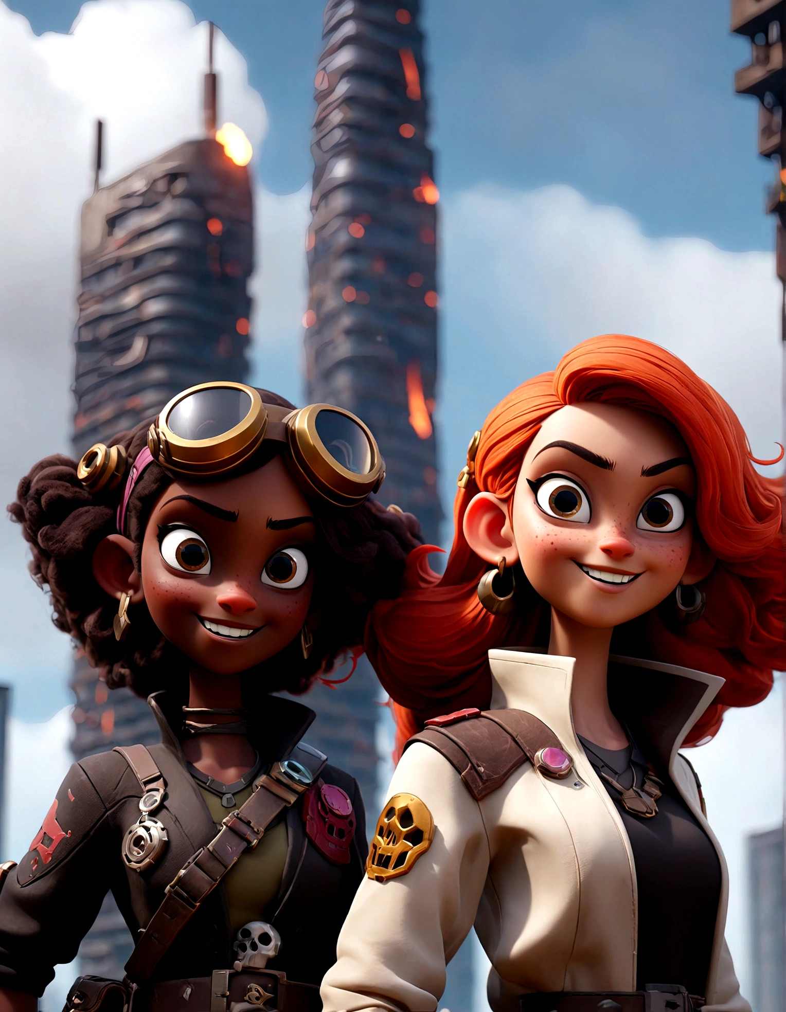  two space pirates posing and smiling before burning futuristic city, smoky dark sky, explosives and shot at the background, intricate details, cinematic light, brilliant render quality, unreal engine 5, burning skyscrapers in the background