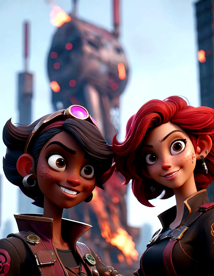  two space pirates posing and smiling before burning futuristic city, smoky dark sky, explosives and shot at the background, intricate details, cinematic light, brilliant render quality, unreal engine 5, burning skyscrapers in the background