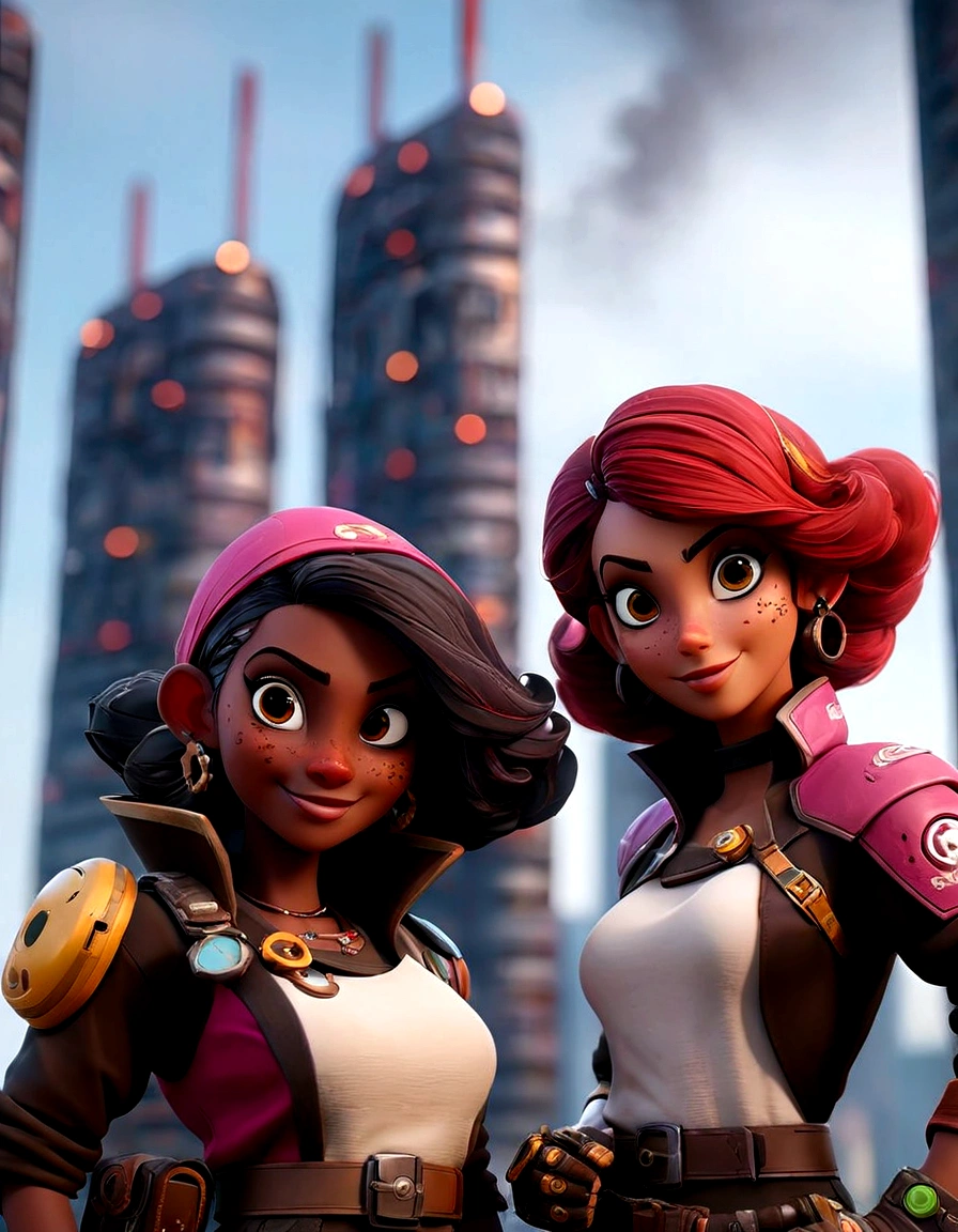 two space pirates posing and smiling before burning futuristic city, smoky dark sky, explosives and shot at the background, intricate details, cinematic light, brilliant render quality, unreal engine 5, burning skyscrapers in the background